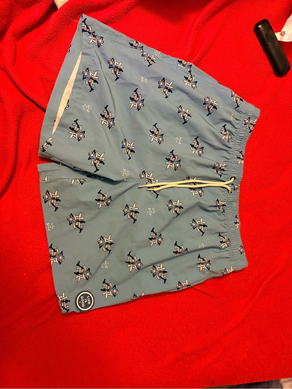 Life Is Good Light Blue Men's Swim Shorts with Surfing Dog Print